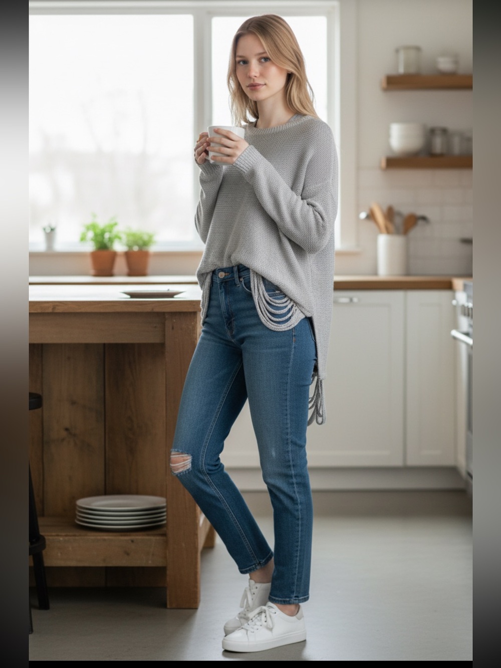 Cozy heathered light grey tone knit sweater shredded  ladder cut out oversized
